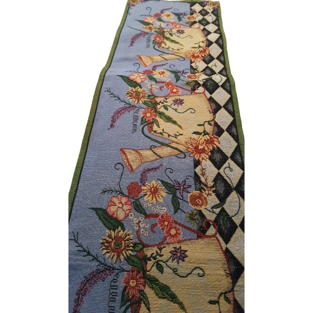 watering can‎ vintage tapestry table runner blue floral 13 x 70